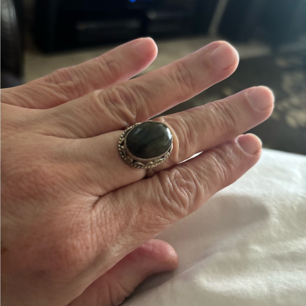 Elegant Labrodrite Sterling Silver Ring with Dark Stone